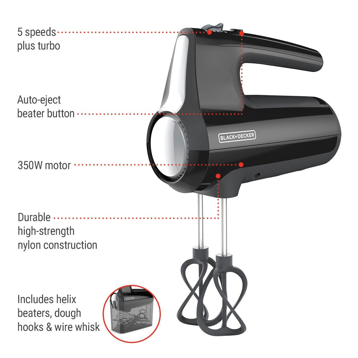 Helix Hand Mixer, Premium Performance 5 Speed Hand Mixer, Includes 5 Attachments and Case, Black K4Z3 - product image 4