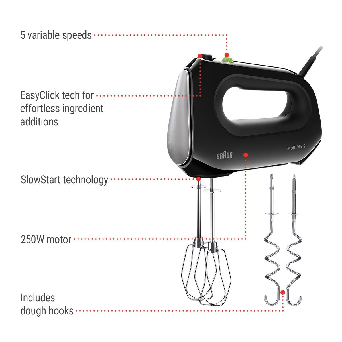 MultiMix 2 5-Speed Hand Mixer, Includes MultiWhisk Beater, 250W, Black L6R9 - product image 3