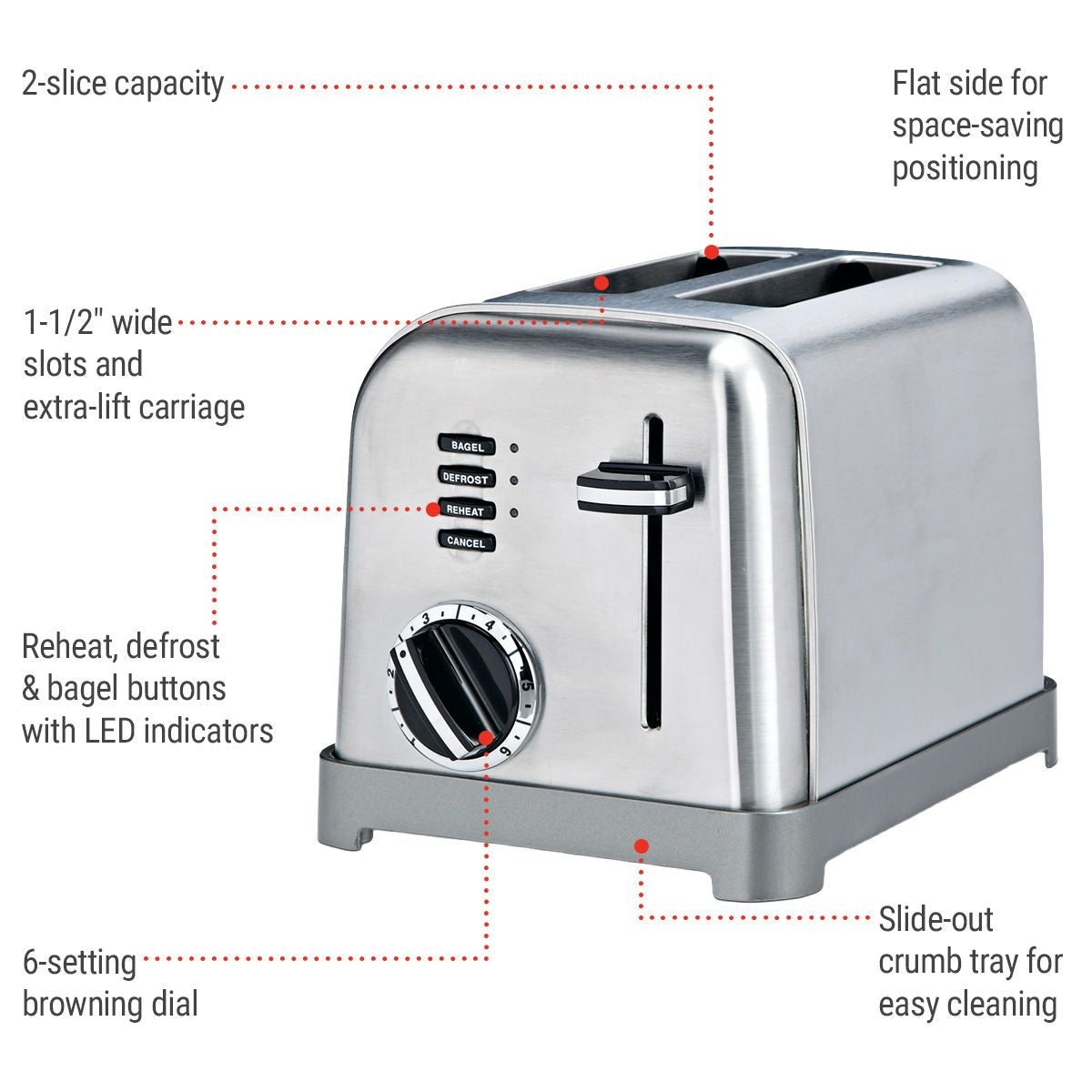 Metal Classic Toaster with 6 Settings, Stainless Steel, 2-Slices C8P7 - product image 4