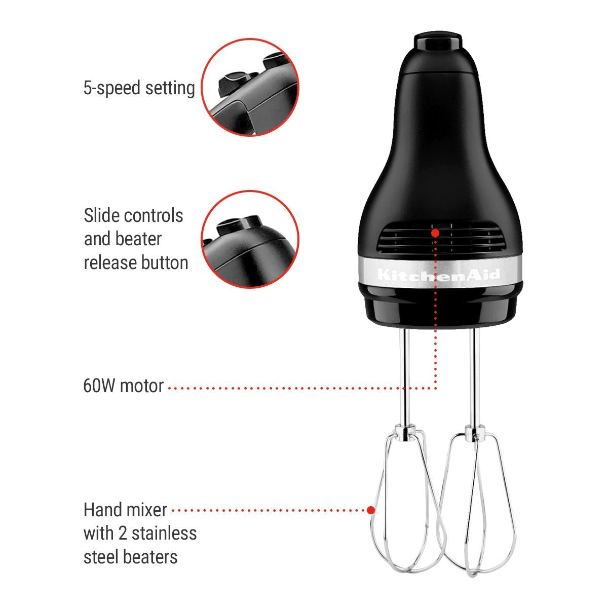 Kitchen Aid Compact 5-Speed Hand Mixer with Stainless Steel Accessories, Black U9X9 - product image 3