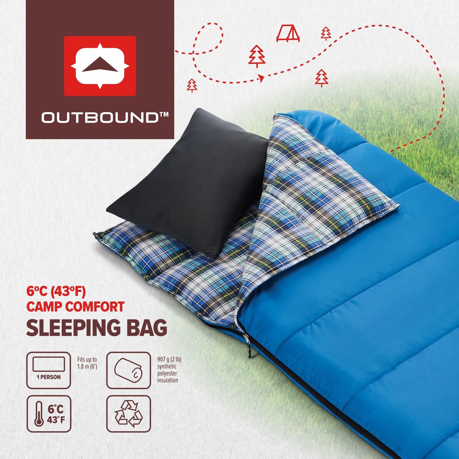 Comfort 5°C Insulated Cotton Lined Mild Weather Sleeping Bag with Compression Sack, Blue Q4Z7 - product image 3
