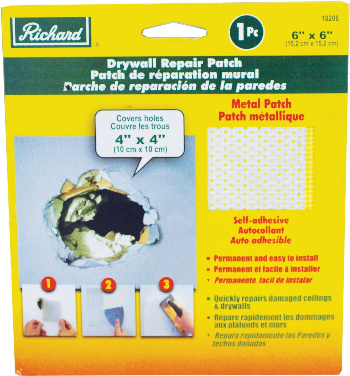 Self-Adhesive Metal-Reinforced Drywall & Ceiling Hole Repair Patch, 6 x 6-in I4F7 - product image 1
