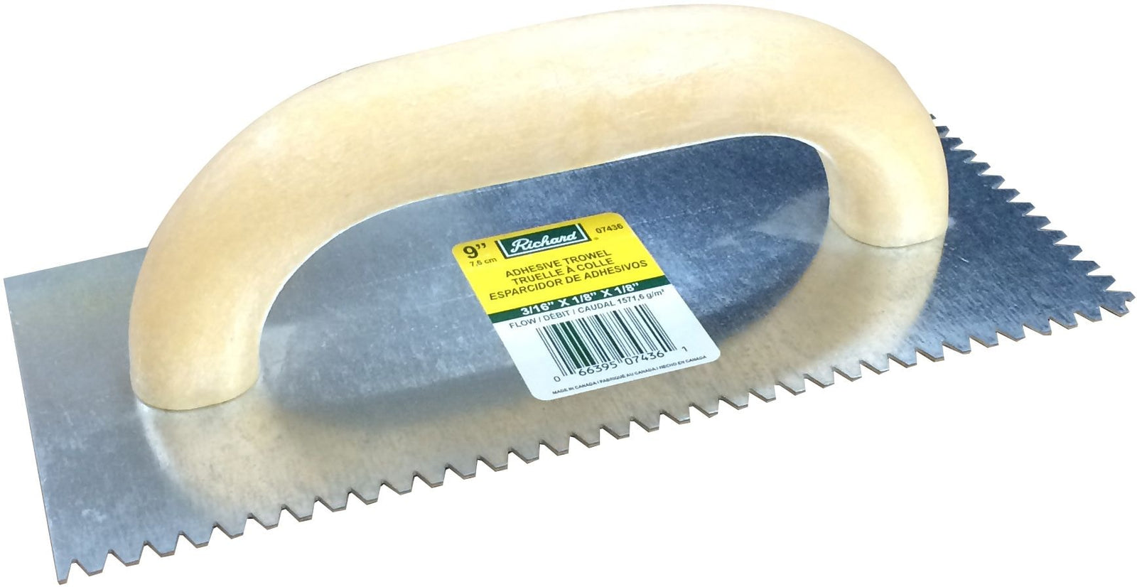 Steel Flat Top V-Notch Adhesive Trowel For Ceramic Tile/Flooring, 3/16 x 1/8-in R4N9 - product image 1