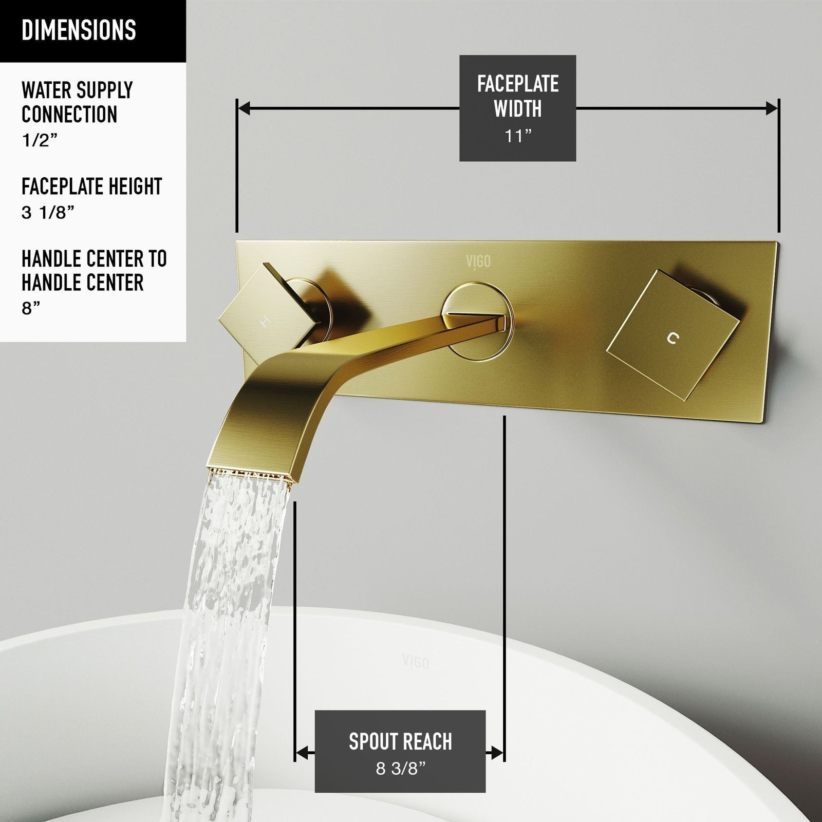 Titus Wall Mount Dual Handle Bathroom Sink Faucet, Eco-Friendly 1.2 GPM Flow Rate, Matte Brushed Gold P6V2 - product image 5