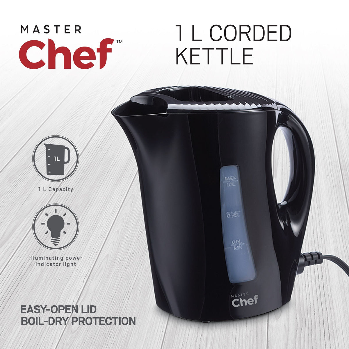 Corded Kettle with Water Gauge, Black, 1-L B3I5 - product image 2