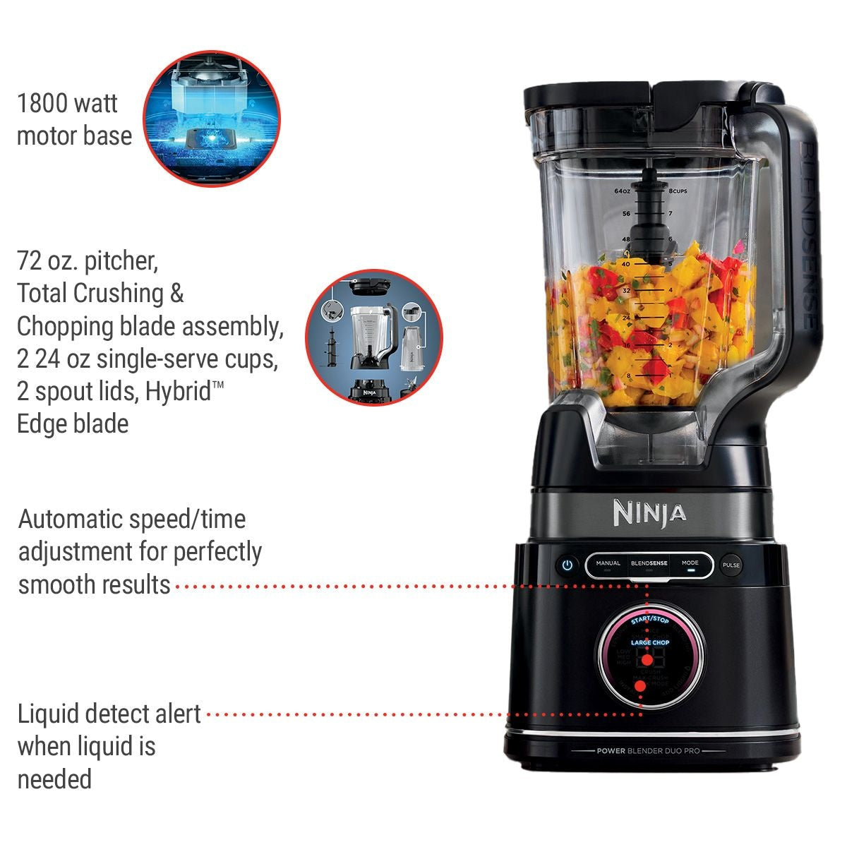 BlendSense Duo Blender with 72-oz Full-Size Pitcher & Pre-Set Programs, Includes Two 24-oz Single-Serve Cups, 1800W P8T8 - product image 6