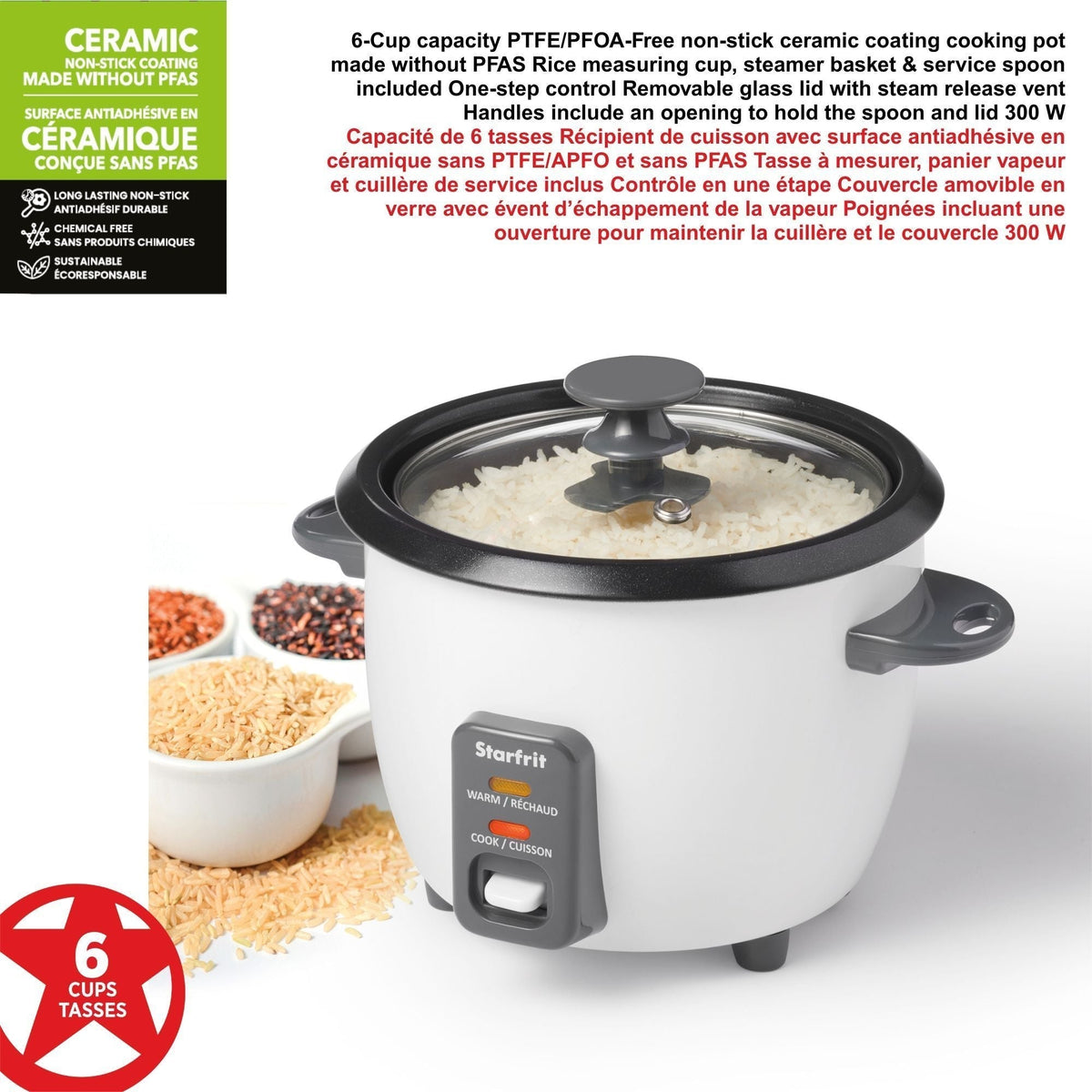 300W 6-Cup White Rice Cooker with Steam Basket C1C5 - product image 5