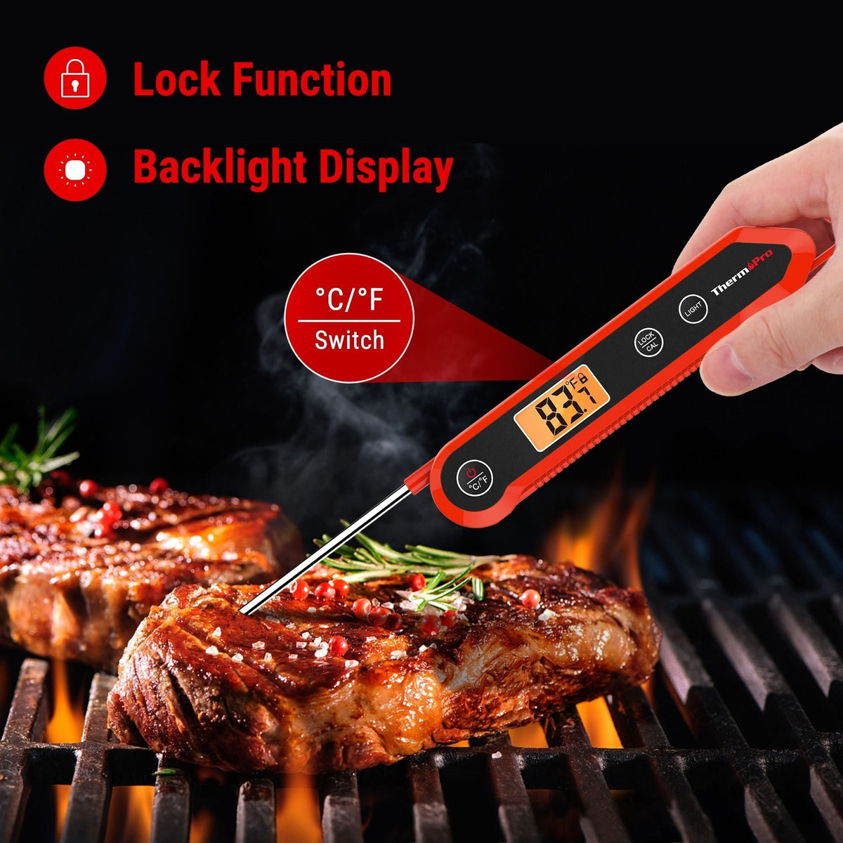 Waterproof Digital Instant-Read Folding Meat Thermometer with Swivel Probe, Black/Red W1M7 - product image 1